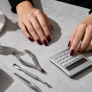 Mesa de manicura con calculadora y utensilios profesionales